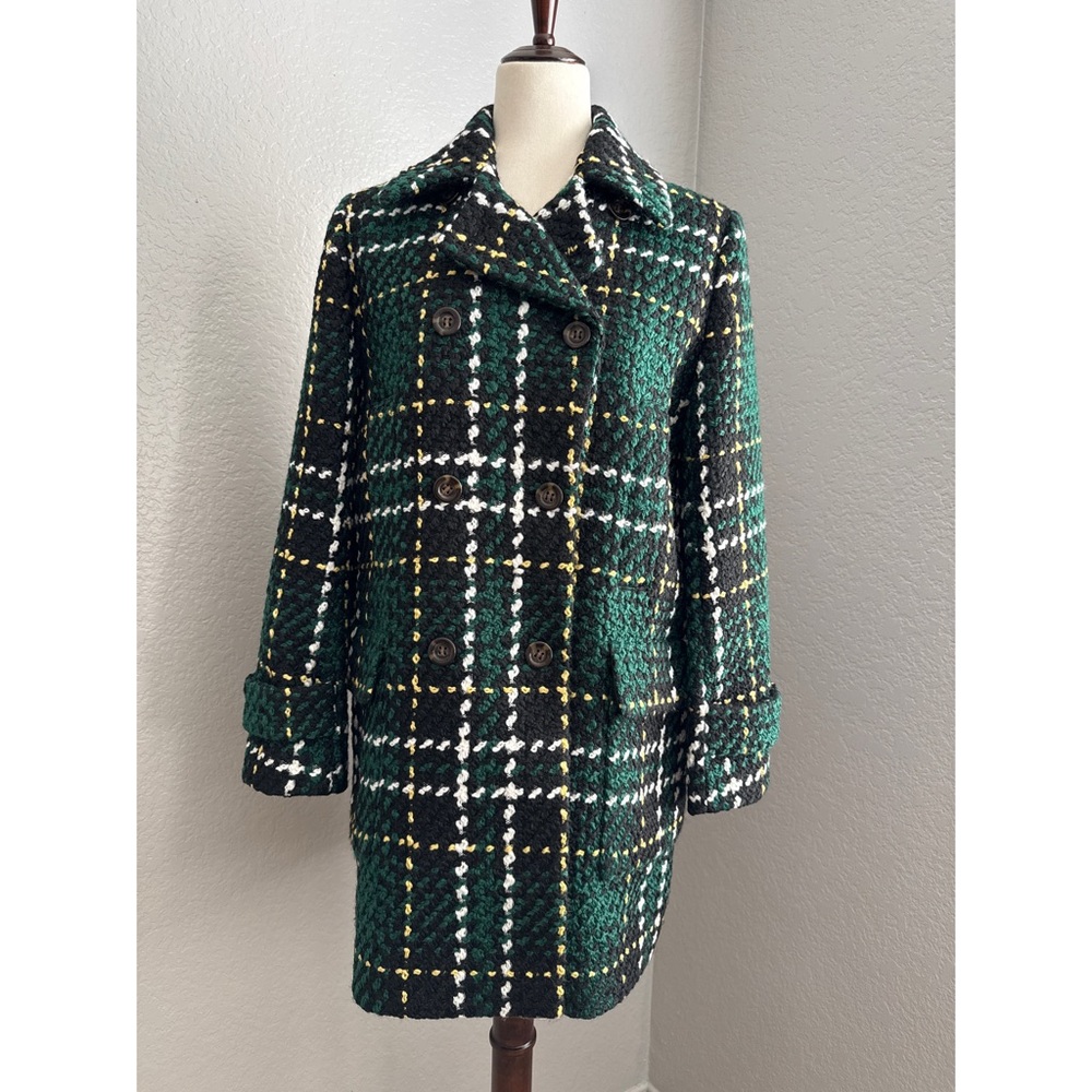 Ann Taylor Green and Black Plaid Pea Coat